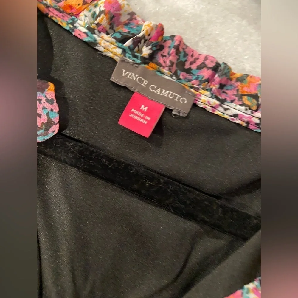 NWT Vince Camuto Size M Black Floral Ruffle Flowy Long Sleeve Sheer Mini Dress